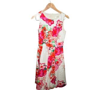 Eliza J Size 4 Fit n Flare Dress White Pink Cotton Maximal Party Wedding Shower
